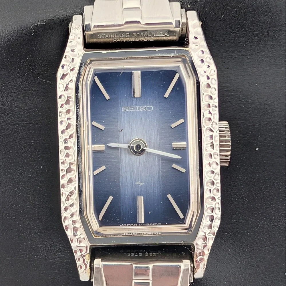 Seiko 11-4300 Manual Wind Blue Textured‎ Dial Tank Watch WGP Vintage 11-4300